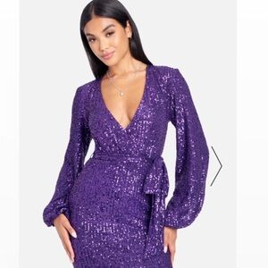 Bebe Womens Wrap Long Sleeve V Neck Sequin Tie Front Mini Dress Purple Sz XS
